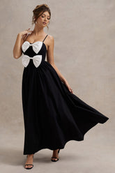 Black Strappy Pleated Maxi Dress With Bows